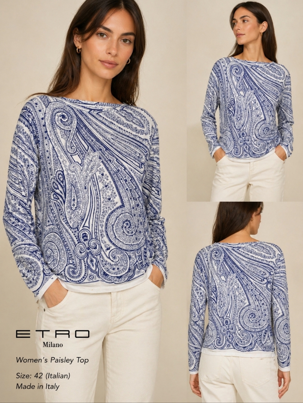 Etro Milano Blue & White Paisley Long-Sleeve Top
